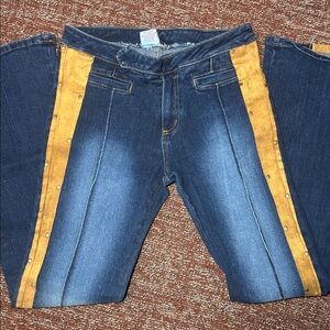 Watch LA vintage dark wash flare jeans with studded suede outseam y2k fashion